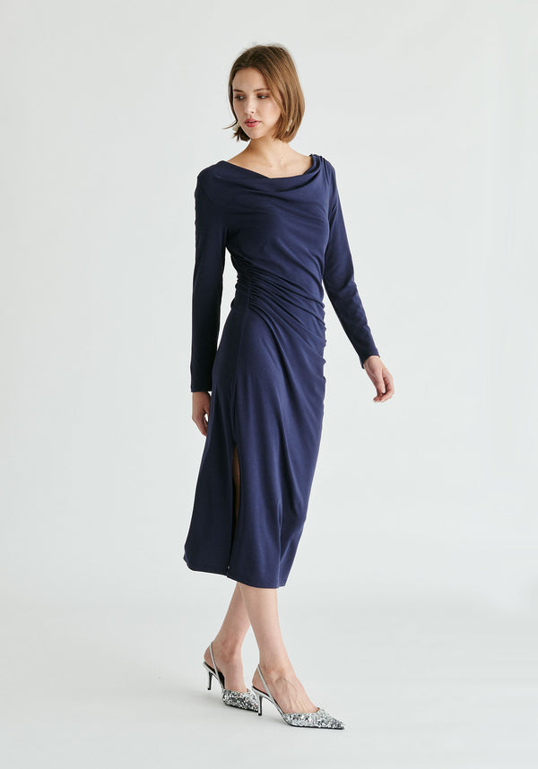 paisie Ruched Jersey Dress with Draped Neck