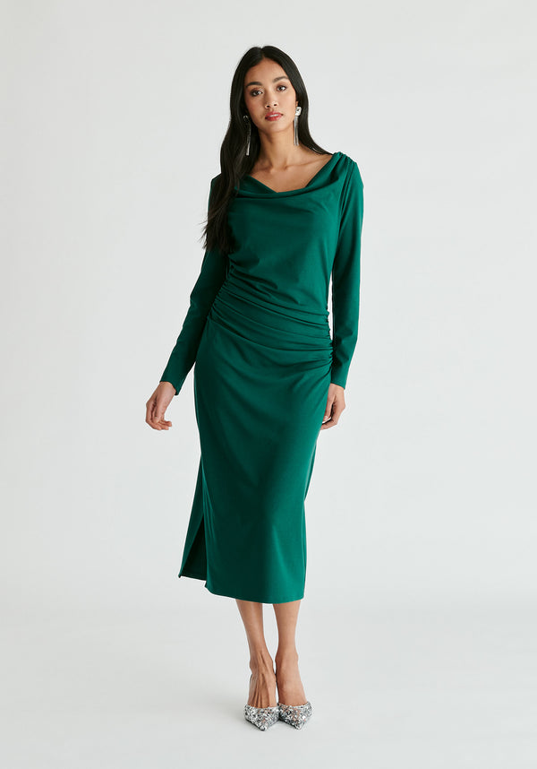 paisie Ruched Jersey Dress with Draped Neck