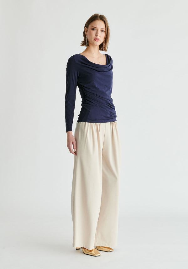paisie Ruched Jersey Top with Draped Neck