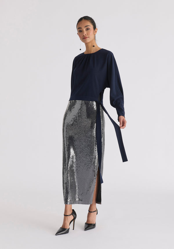 Paisie Sequin Midi Skirt With Side Slit