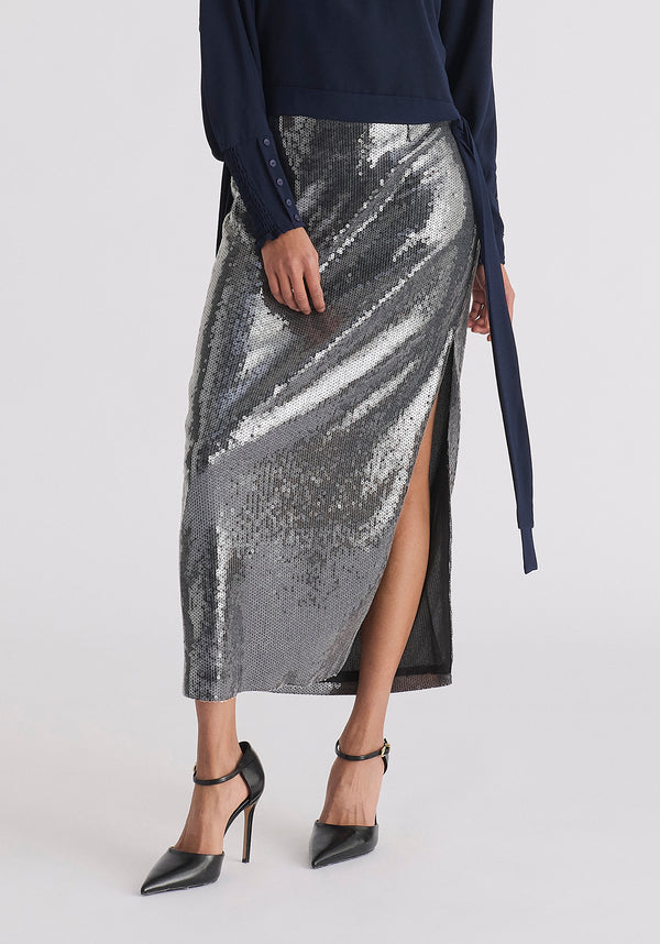 paisie Sequin Midi Skirt with Side Slit
