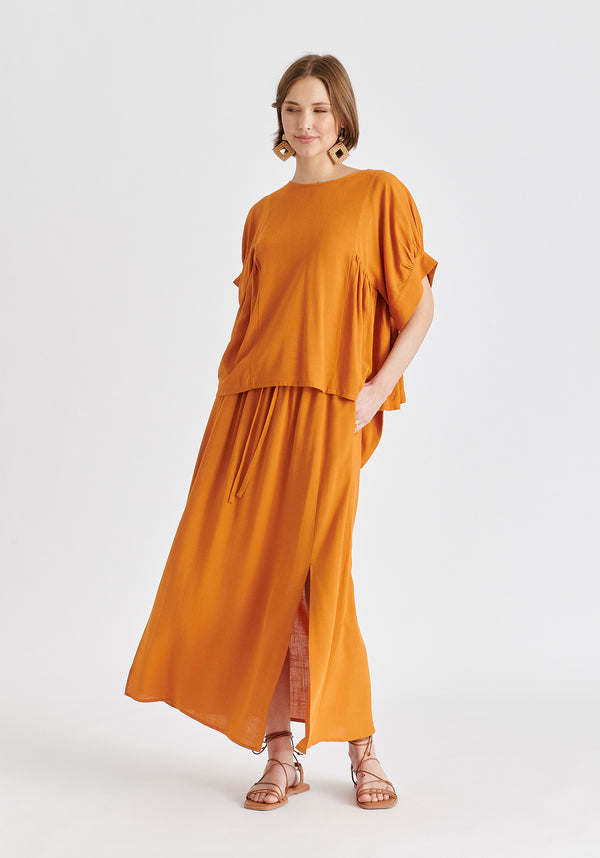 Paisie Side Splits Midi Skirt With Drawstring