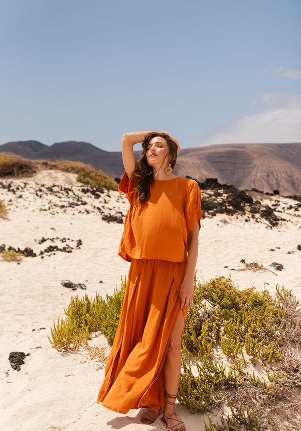 paisie Side Splits Midi Skirt with Drawstring