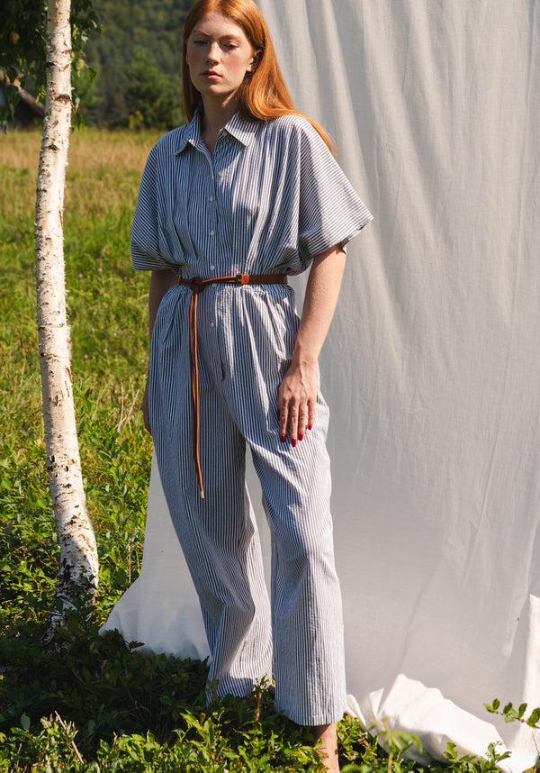 paisie Striped Jumpsuit with Waist Pleats