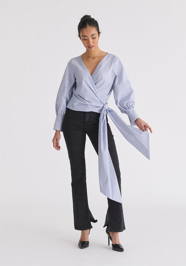 Paisie Striped Wrap Top With Waist Tie