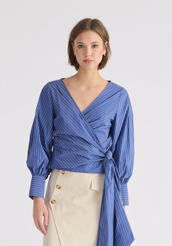 paisie Striped Wrap Top with Waist Tie