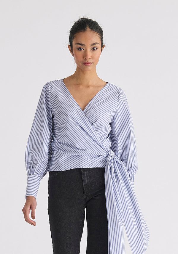 paisie Striped Wrap Top with Waist Tie