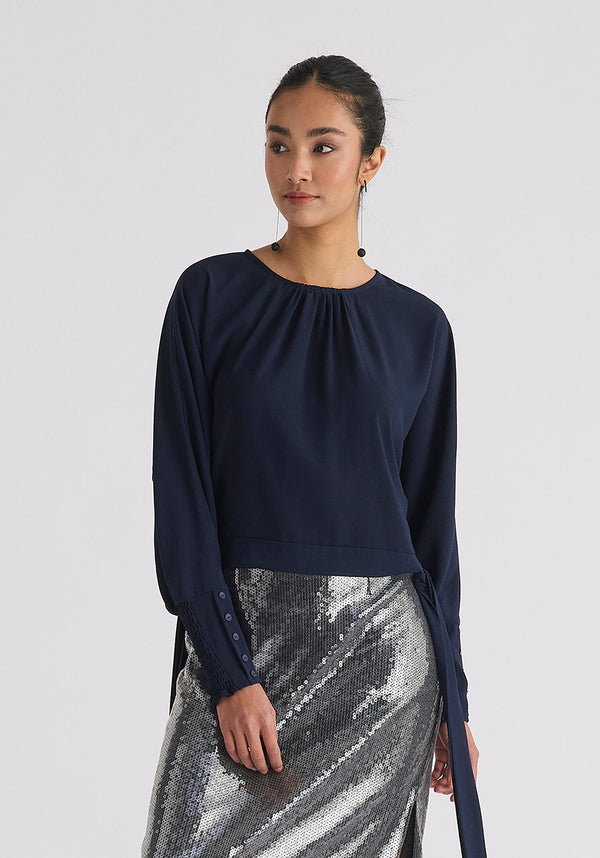 Paisie Waist Tie Top With Shirred Cuffs