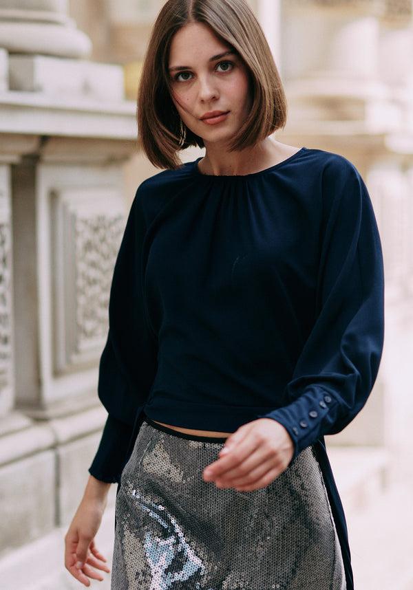 paisie Waist Tie Top with Shirred Cuffs