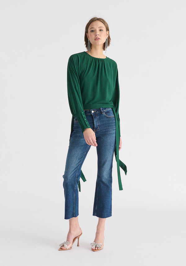 Paisie Waist Tie Top With Shirred Cuffs