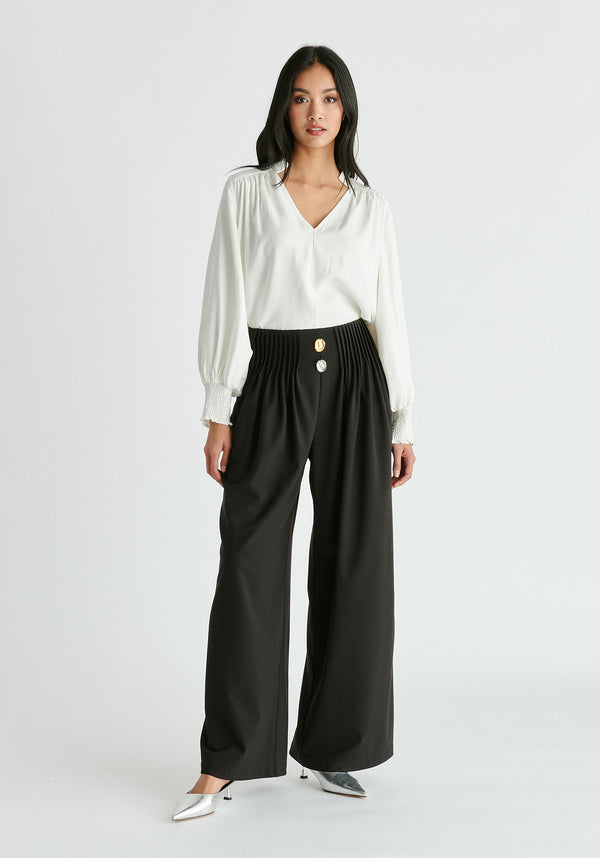 Paisie Wide Leg Trousers With Pleated Waist Detail