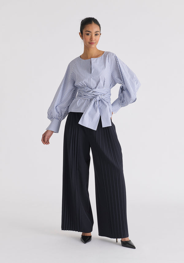 Paisie Striped Volume Sleeve Blouse With Matching Belt
