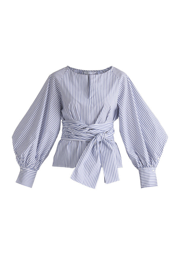 Paisie Striped Volume Sleeve Blouse With Matching Belt
