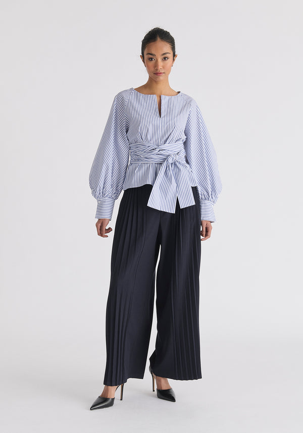 Paisie Striped Volume Sleeve Blouse With Matching Belt