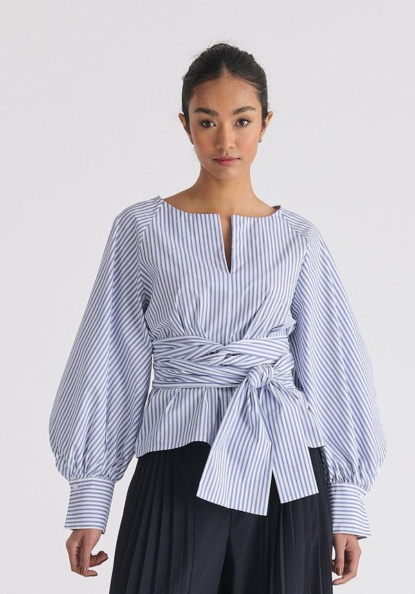 paisie Striped Volume Sleeve Blouse with Matching Belt