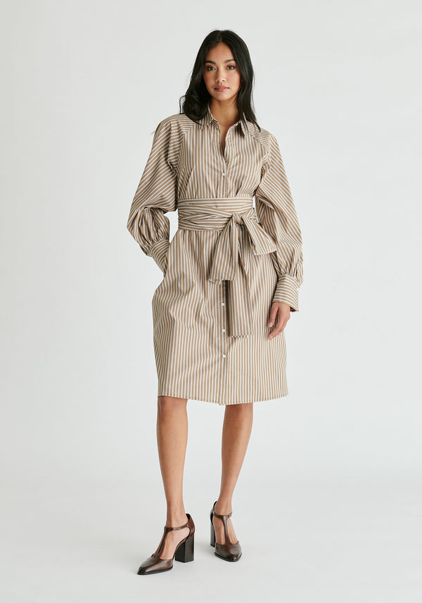 Paisie Striped Volume Sleeve Shirt Dress With Matching Tie Belt