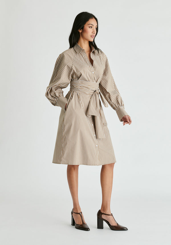 Paisie Striped Volume Sleeve Shirt Dress With Matching Tie Belt