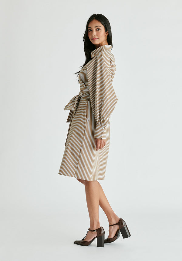 Paisie Striped Volume Sleeve Shirt Dress With Matching Tie Belt