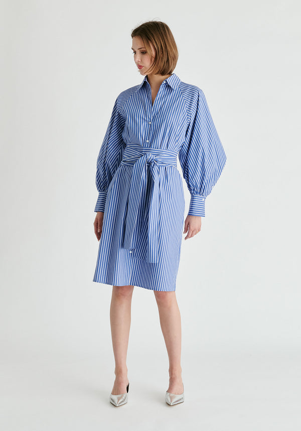 Paisie Striped Volume Sleeve Shirt Dress With Matching Tie Belt