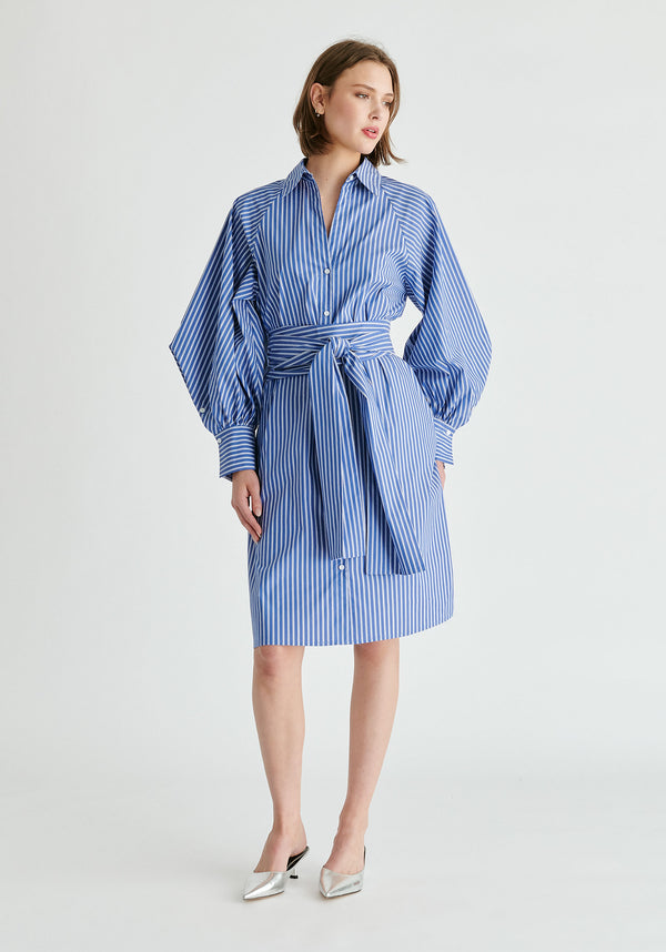 Paisie Striped Volume Sleeve Shirt Dress With Matching Tie Belt
