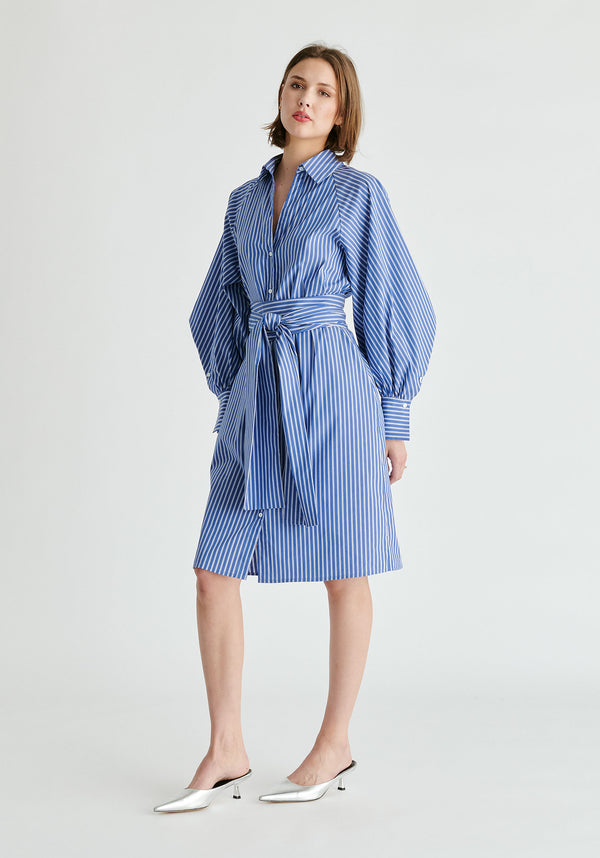 Paisie Striped Volume Sleeve Shirt Dress With Matching Tie Belt