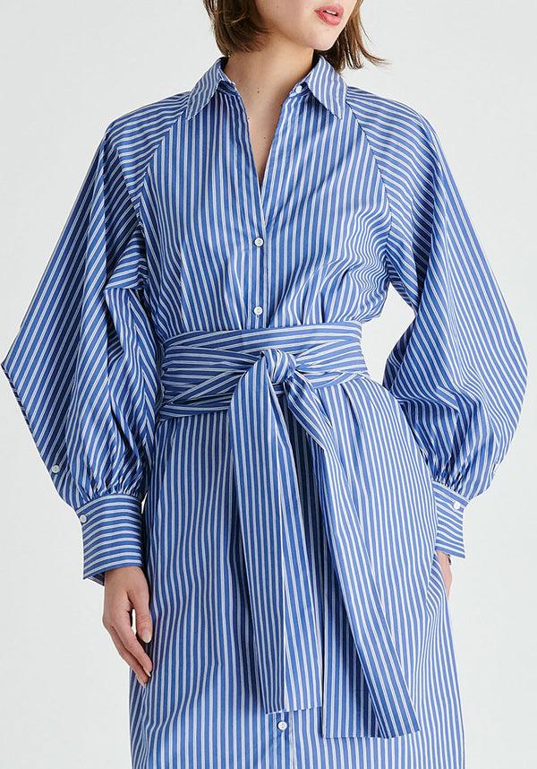 paisie Striped Volume Sleeve Shirt Dress with Matching Tie Belt