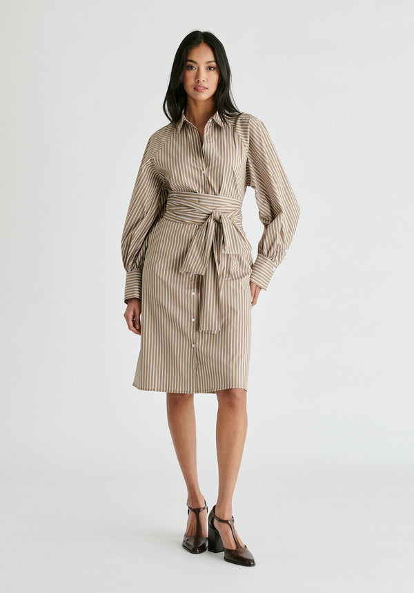 paisie Striped Volume Sleeve Shirt Dress with Matching Tie Belt