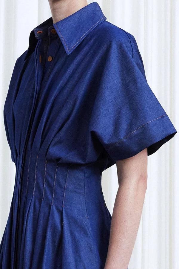 Palmer Harding Courage Dress Indigo Denim Pleated Waist Midi Dress