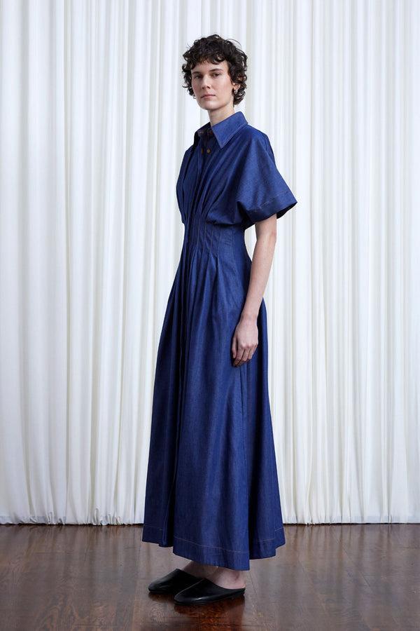 Palmer Harding Courage Dress Indigo Denim Pleated Waist Midi Dress