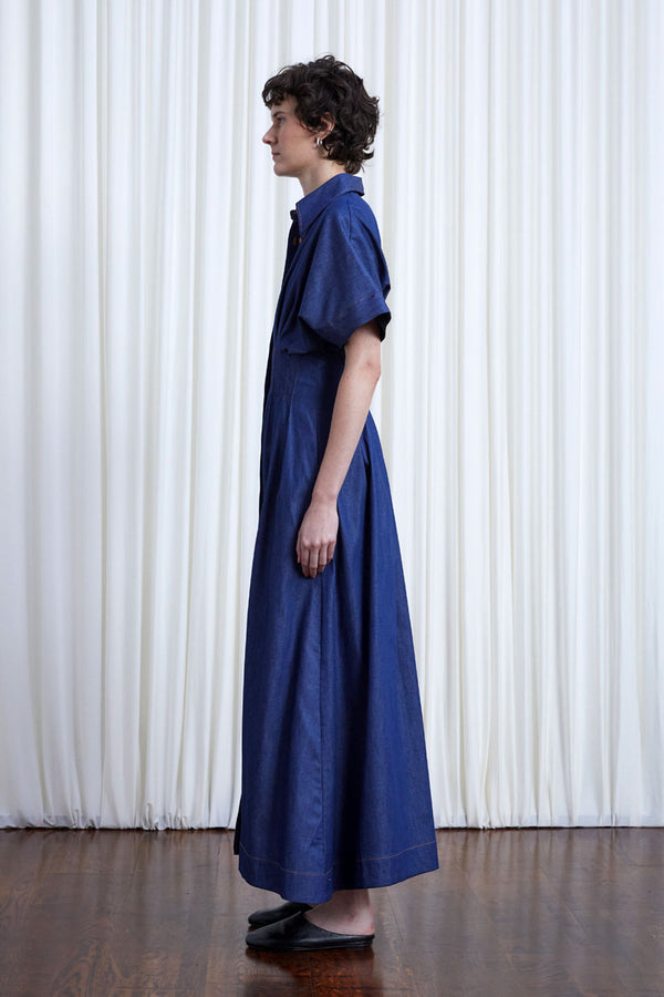 Palmer Harding Courage Dress Indigo Denim Pleated Waist Midi Dress