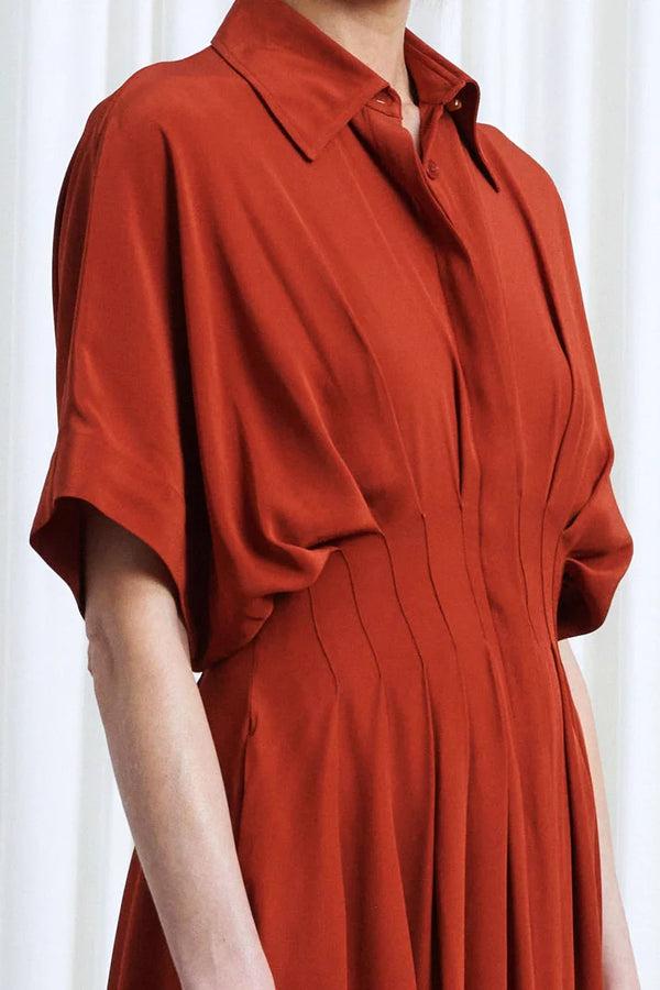 Palmer Harding Courage Dress Rust Crepe Pleated Waist Midi Dress