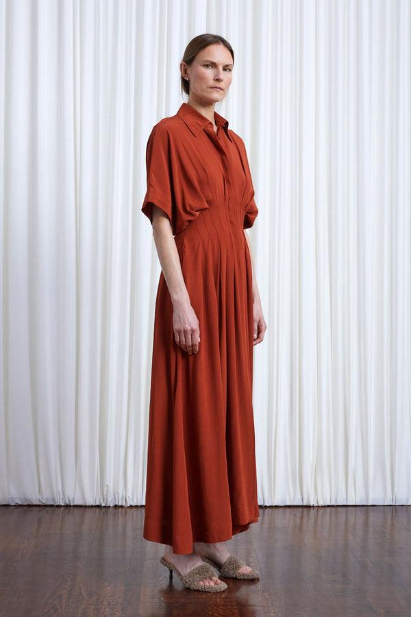 Palmer Harding Courage Dress Rust Crepe Pleated Waist Midi Dress