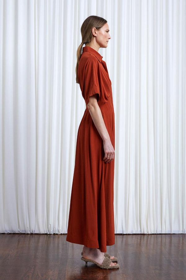 Palmer Harding Courage Dress Rust Crepe Pleated Waist Midi Dress