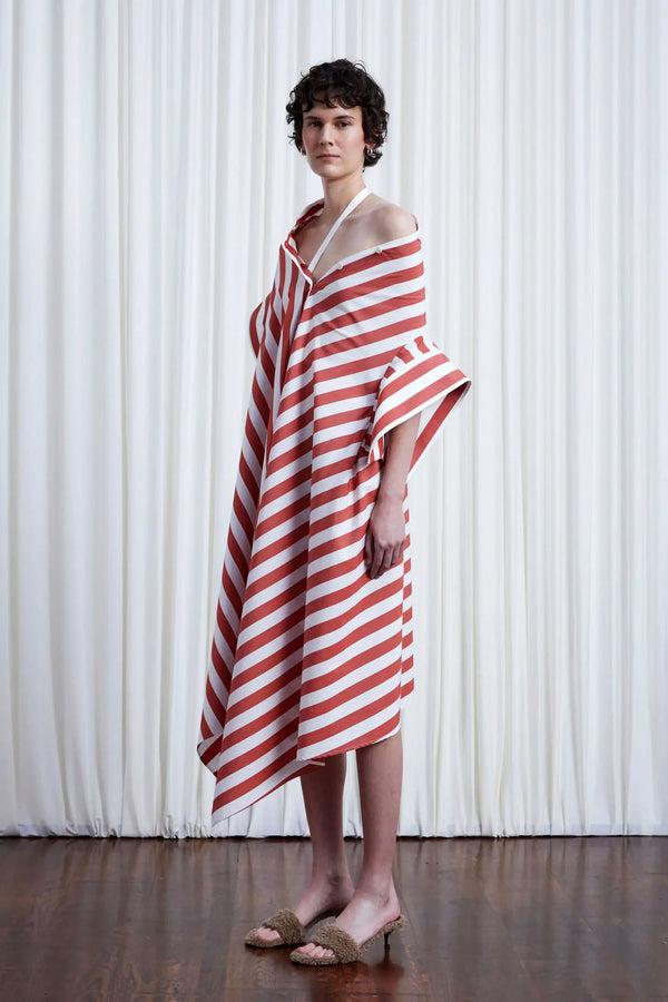 Palmer Harding Haven Dress Red Wide Striped Cotton Off Shoulder Loose Dress