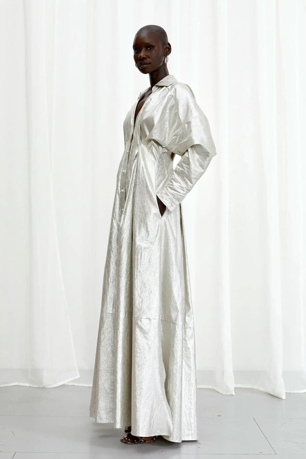 Palmer Harding Honesty Opens Gown Silver Linen Maxi Dress