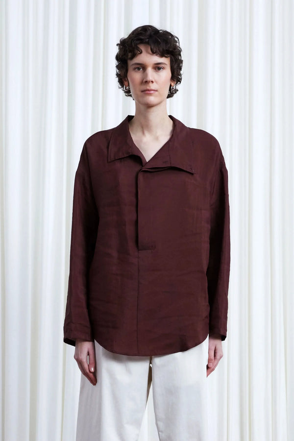 palmer harding Sanctuary Shirt oxblood habotai asymmetric collar shirt