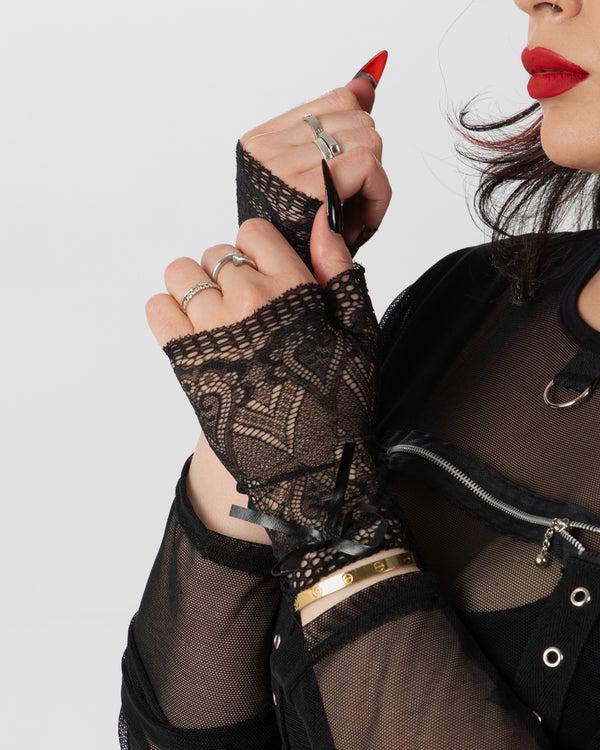 Pamela Mann Fingerless Lace Black Gloves With A Bow