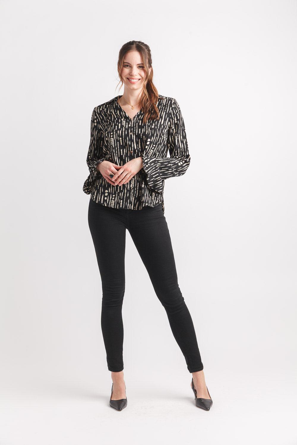 papillon Abstract Collared Button Front Blouse With Ruffle