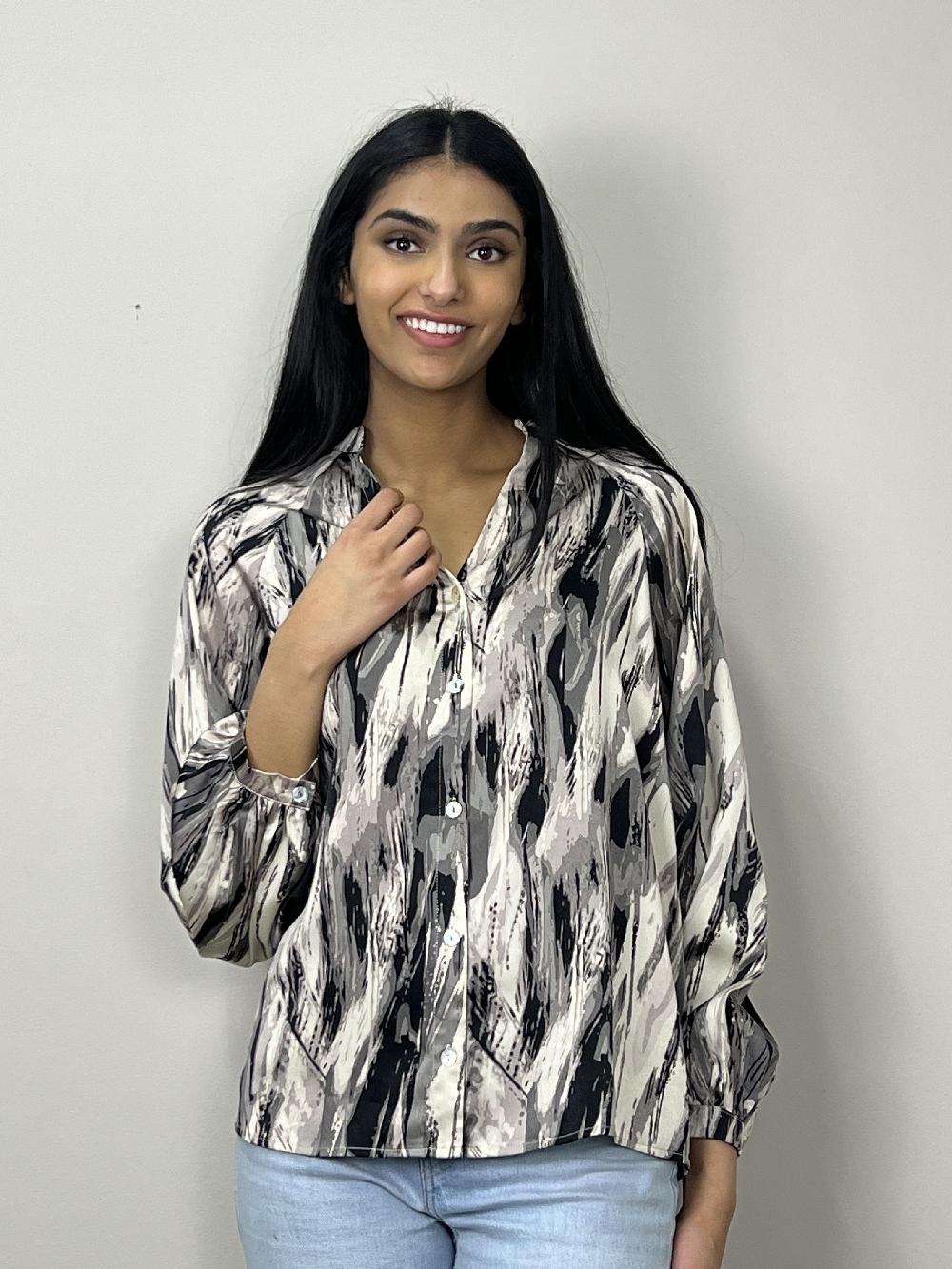 papillon Abstract Satin Blouse With Balloon Sleeves