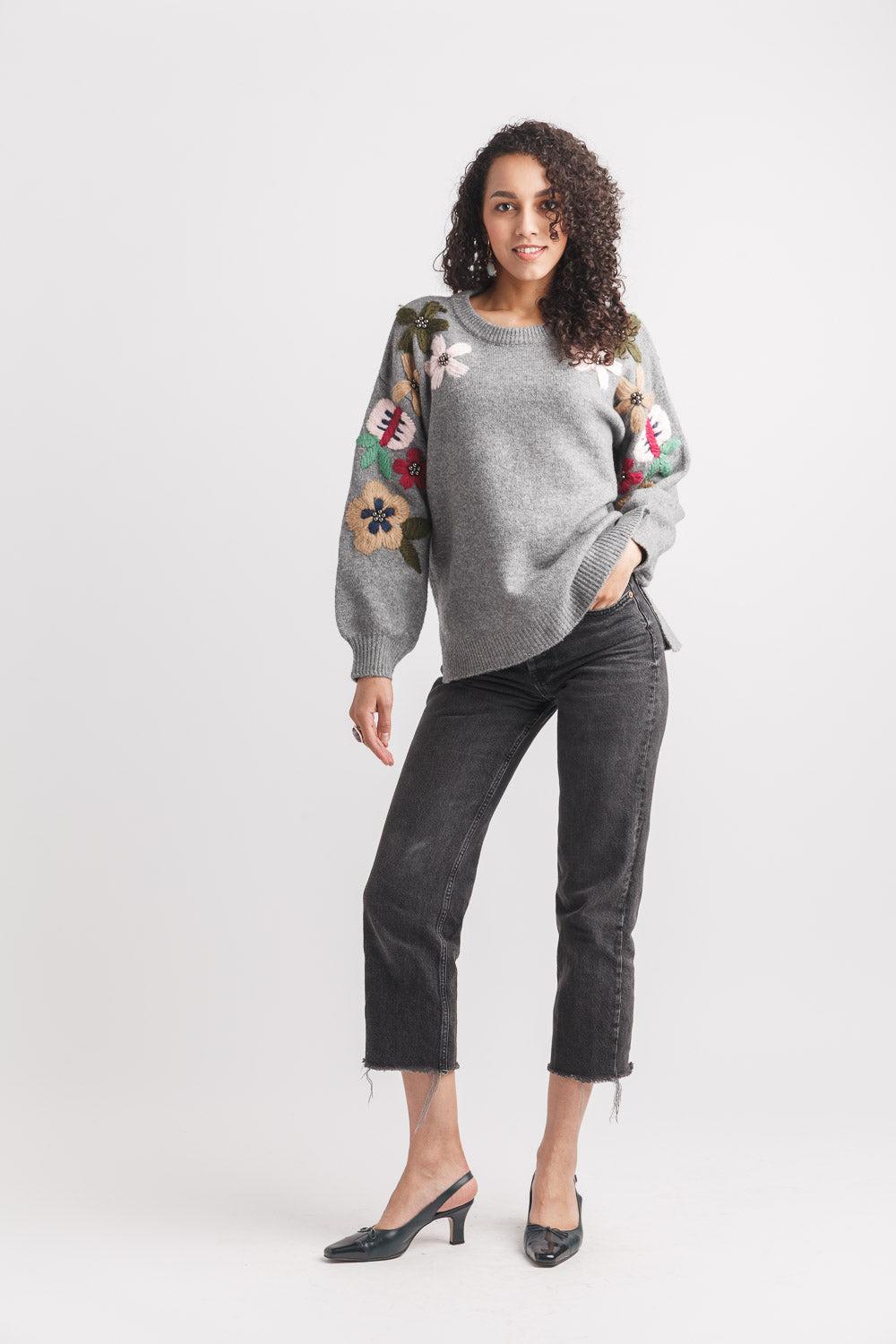 Papillon Balloon Sleeve Sweater With Embroidered Floral Detail
