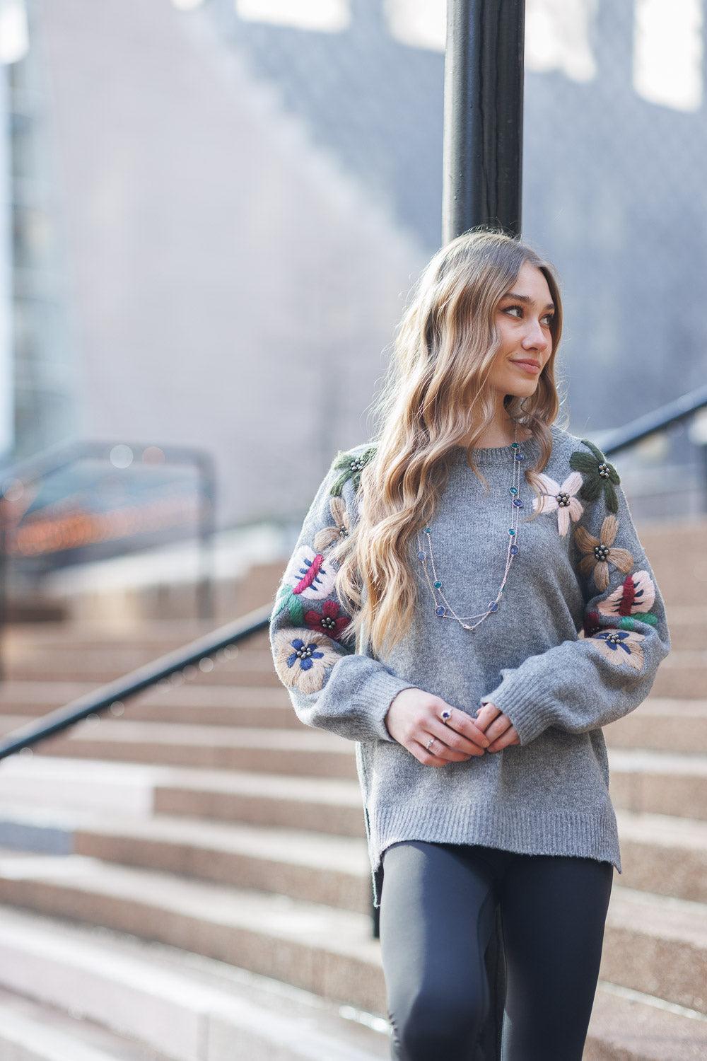 papillon Balloon Sleeve Sweater with Embroidered Floral Detail