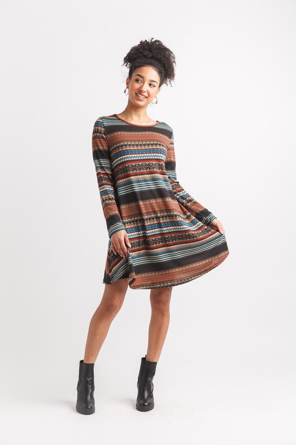 papillon Fairisle Striped Aline Sweater Dress With Pkt