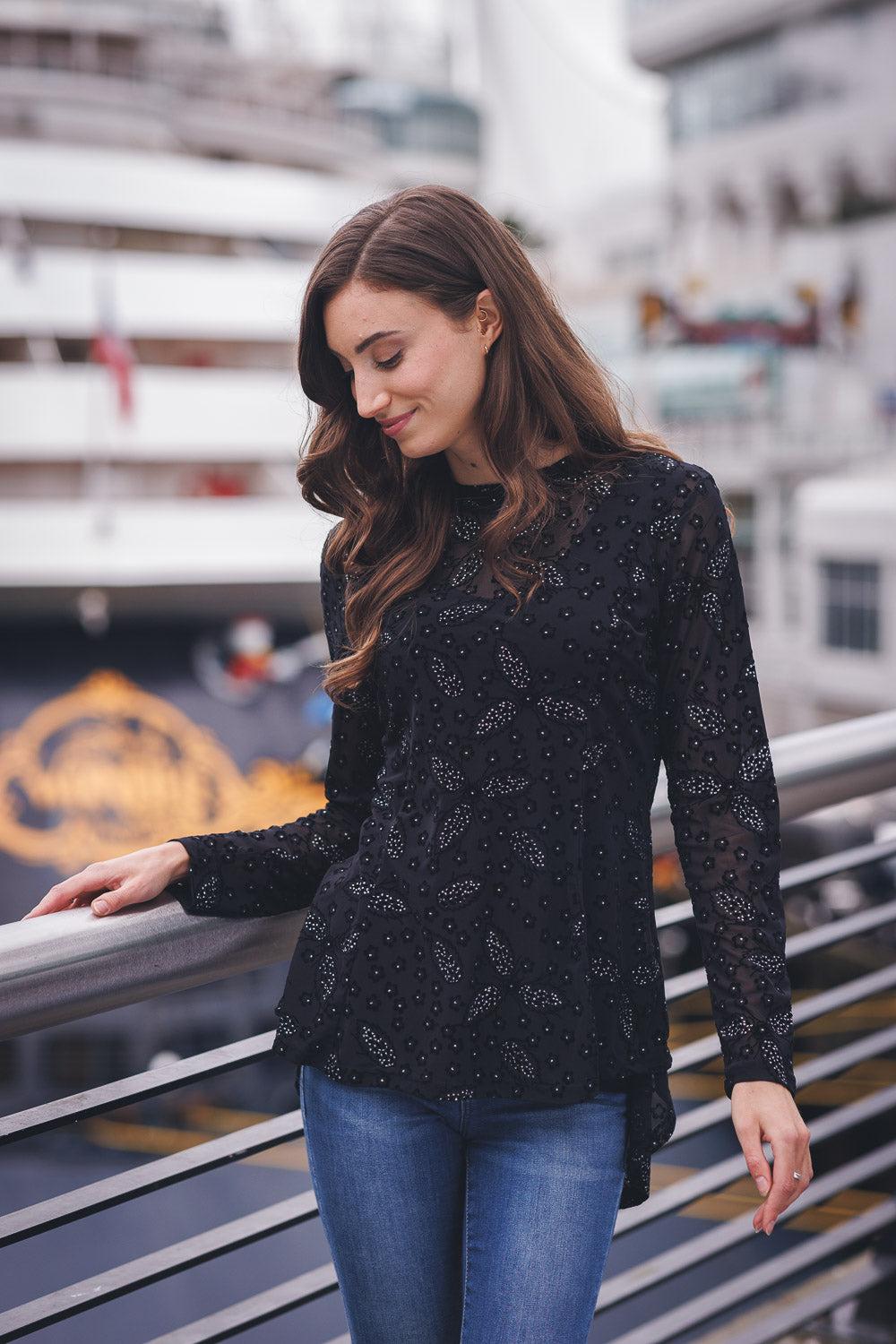 papillon Floarl Rinestone Burnout Peplum Style Blouse