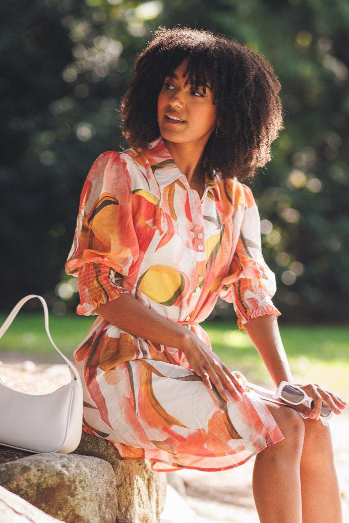 Papillon Floral Collared Shirt Dress With Balloon Sleeves