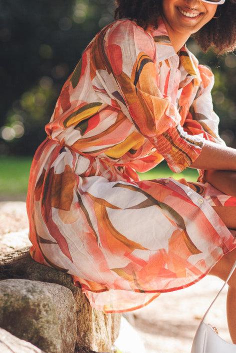 Papillon Floral Collared Shirt Dress With Balloon Sleeves