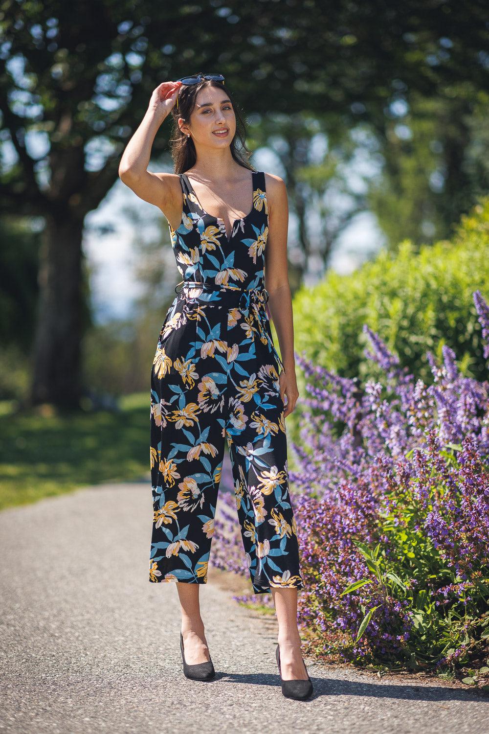 papillon Floral Stretch Jumpsuit with V-Boning & Pockets