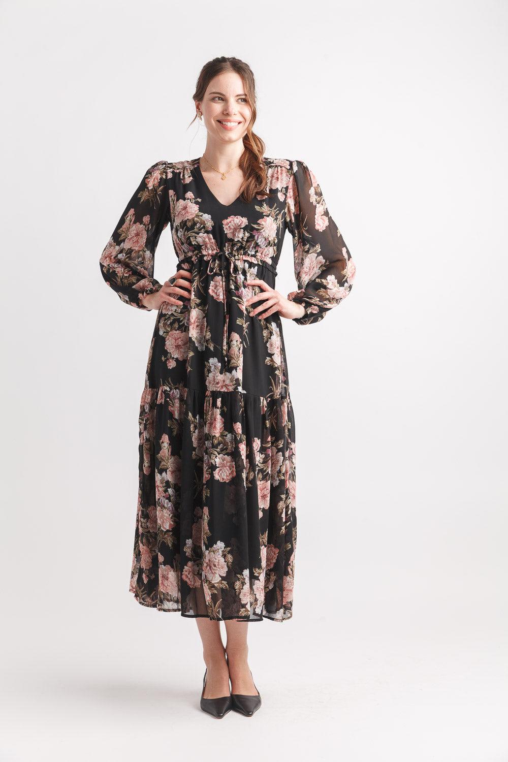 papillon Floral V Neck Maxi Dress With Elastic Waist & Cuff