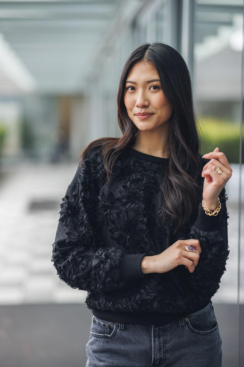 papillon 3D Floral Knit Sweater With Rib Trim