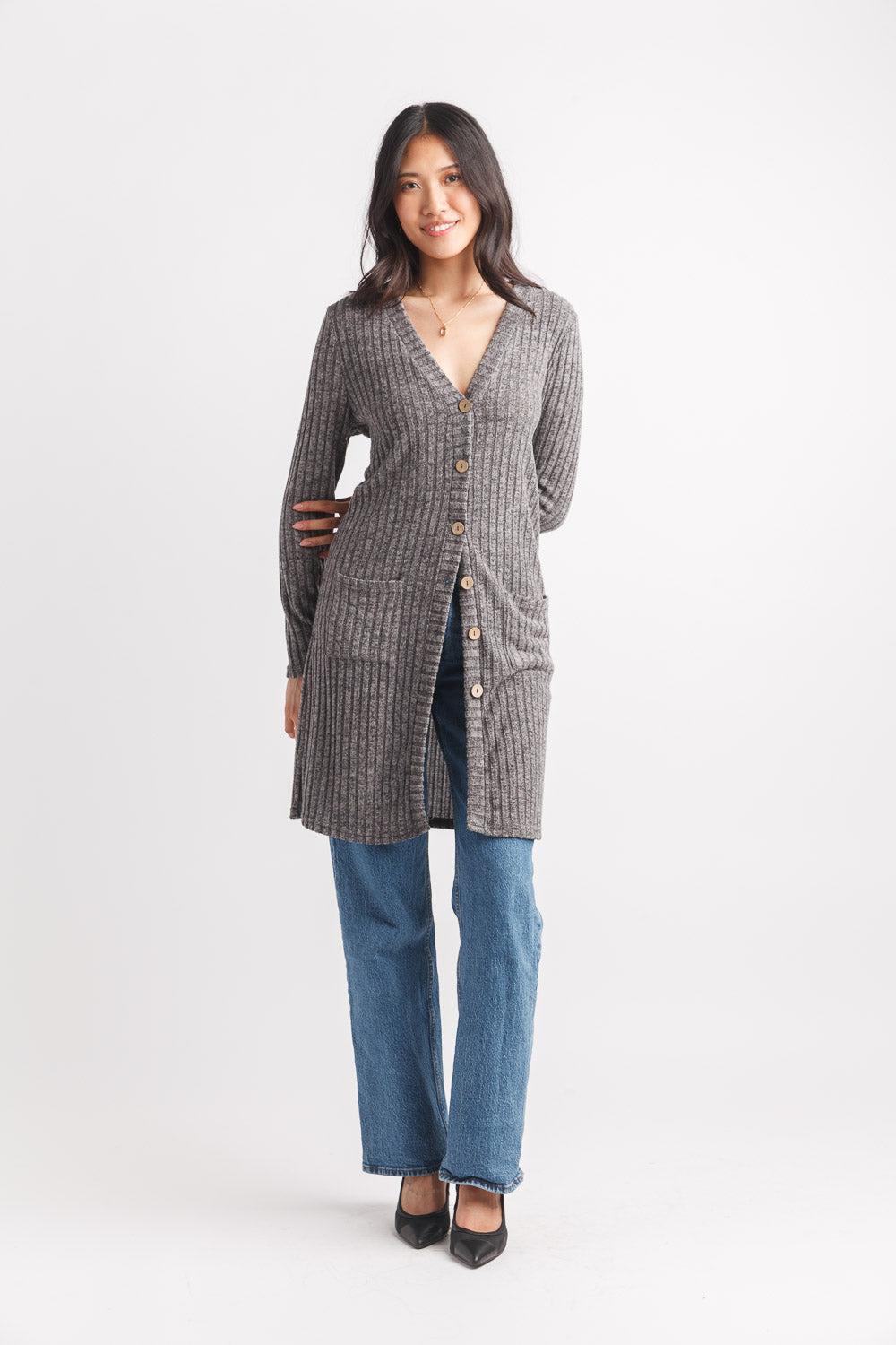 papillon Button Front Ribbed Two Pocket Cardigan