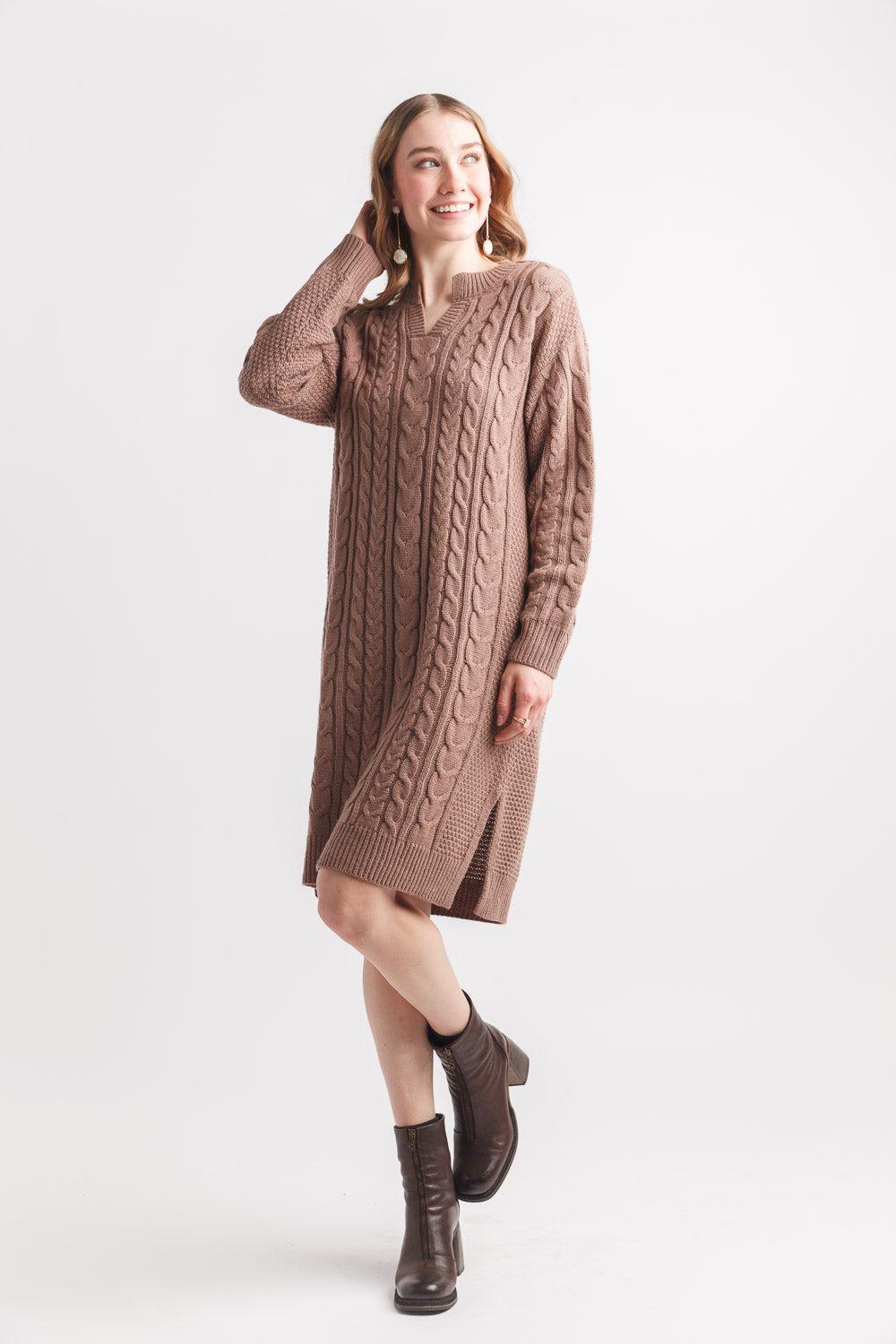 Papillon Cable Knit Sweater Dress With V Notch